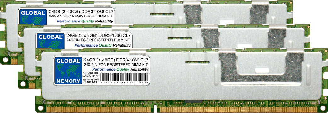 24GB (3 x 8GB) DDR3 1066MHz PC3-8500 240-PIN ECC REGISTERED DIMM (RDIMM) MEMORY RAM KIT FOR DELL SERVERS/WORKSTATIONS (12 RANK KIT NON-CHIPKILL) 24GB (3 x 8GB) DDR3 1066MHz PC3-8500 240-PIN ECC REGISTERED DIMM (RDIMM) MEMORY RAM KIT FOR DELL SERVERS/WORKSTATIONS (12 RANK KIT NON-CHIPKILL)